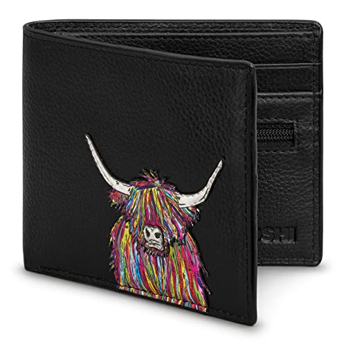 Portefeuille RFID en cuir noir Yoshi avec motif vache Highland coloré