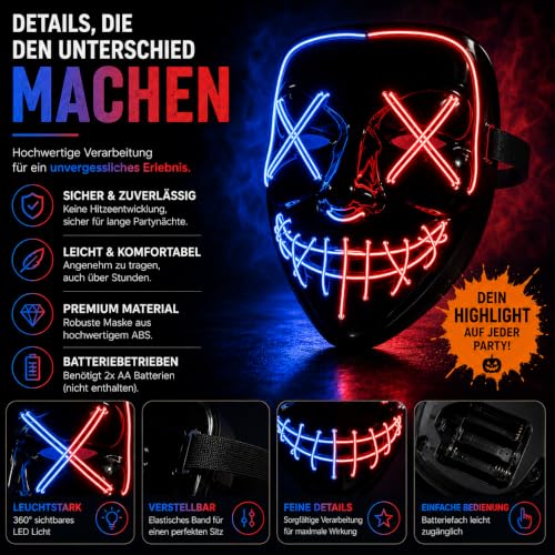 TK Gruppe Timo Klingler LED Grusel Maske - wie aus Purge für Halloween, Fasching & Karneval als Kostüm für Herren & Damen (rot/blau) – Ansicht 5