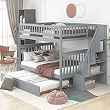 Bunk Bed, Full Over Full Bunk Bed with a Trundle Bed/4 Storage Shelves/Guard Rail/Stairs, Solid Wood...