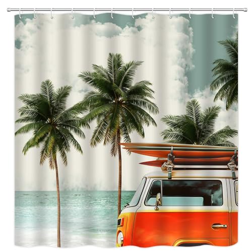 Tour-Bus-Duschvorhang, Surfbrett, tropische Palme, Retro, Wohnmobil, Orange, Camping, Auto, Sommer, Strand, Küste, Surfen, Urlaub, hawaiianisch, exotisch, Badezimmer-Dekoration mit Haken, 178x180 cm