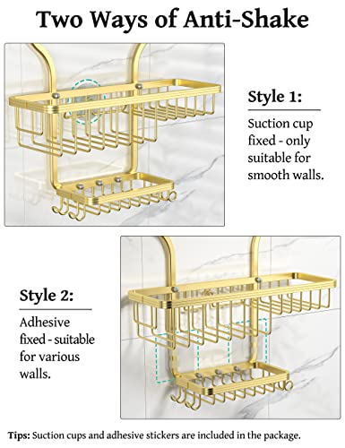 YASONIC Shower Caddy Over Shower Head Never Rust Aluminum Large Hanging Shower Caddy with 10 Hooks for Razor/Sponge - Over The Shower Head Caddy with Soap Basket - Hanging Shower Organizer Gold
