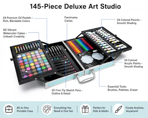 Image of Parssufy 145-Piece Art Set for Kids with Unicorn Storage Case | Drawing & Painting Kit with Oil Pastels, Watercolors, Sketch Pens, Color Pencils | Art & Craft Supplies (145-Astronaut in Space (Blue))