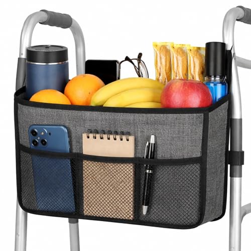 Vive Walker Basket - Walker Bag w/Cup Holder for Seniors Adults - Lightweight Detachable Multi-Pocket Organizer for Walkers - Foldable Storage Caddy & Tote Organizer for Accessories (Black)