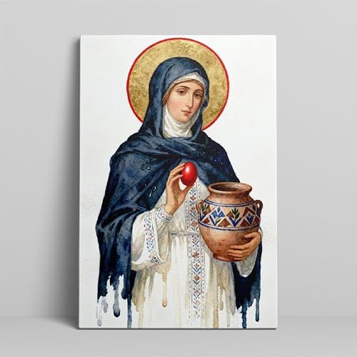 Eastern Orthodox Icon of Mary Magdalene (Holy Myrrhbearer) with Red Egg and Decorated Vessel Framed Canvas Wall Art Prints – Ready to Hang Wall Decor for Bedroom Living Room Office, Premium Home