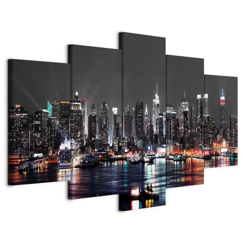 Cuadros B&D XXL - Cuadro en Lienzo New York City 200x100 cm Impresión de 5 Piezas Material no Tejido decorativo Cuadros Grandes Para Dormitorios Impresión de Pared Noche Nueva York d-A-0022-b-n