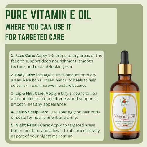 Image of KUNJ Vitamin E Oil 100ml - 100% Pure & Natural | Vitamin E Oil for Face, Skin Glow, Hair & Nail Care | Lightweight Non-Sticky Oil for Moisturizing & DIY Beauty Blends