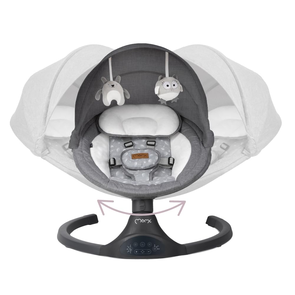 MoMi KENANI Mecedora para Niños hasta 9 kg, Plegable, con Mando a Distancia y Bluetooth, Funciona con Pilas/Electricidad, Arnés 5 Puntos, Visera Solar