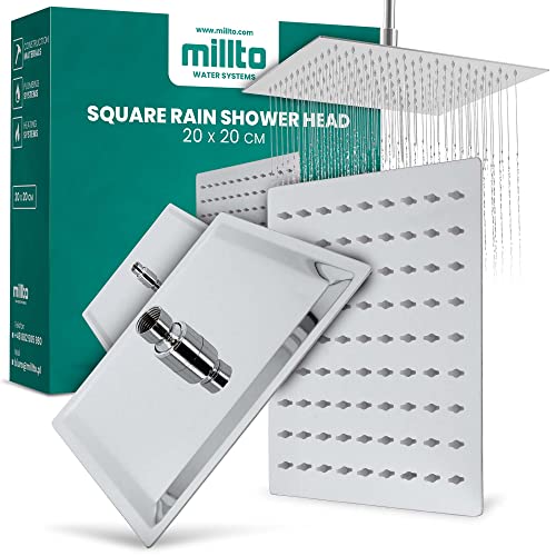 Millto Quadratische Edelstahl Duschkopf Regendusche 20x20 Einbauduschköpfe Regenduschkopf Gross 8 Zoll Brausekopf Dusche Armaturen Eckig Kopfbrause Chrom Ultradünn Duscharmatur, (ML020205001-V02) Cover