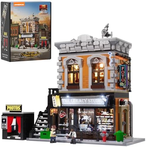Lumibricks Eck-Fotostudio Klemmbaustein-Set mit LED-Beleuchtung, 1425 Teile Modulares Eckgebäude für Erwachsene, Vintage-Fotogeschäft mit Kamerablitz-Effekt, Drehbarer Fotobühne un