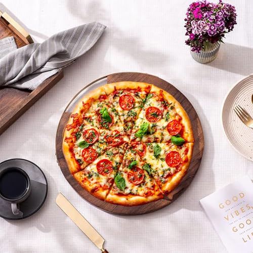 Image of nestroots Dessert Cheese Serving Platter for Parties | Stand /Holder for Starters, Snacks, Cakes, Desserts, Pizza for Dining Table | Gifts Fancy Sheesham Wood with Iron Handle 14 inch Diameter