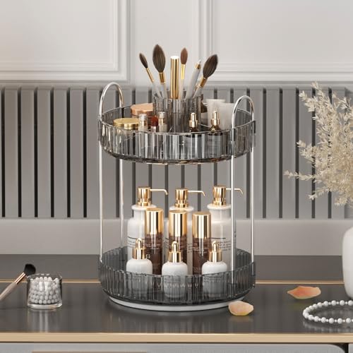 Image of 360 Rotating Makeup Organizer, Upgraded 2 Tier Skincare Perfume Organizers for Women, Bathroom Organizer Countertop, Clear Cosmetic Dresser Organizer with Makeup Brush Holder, Sink&Counter(Grey)