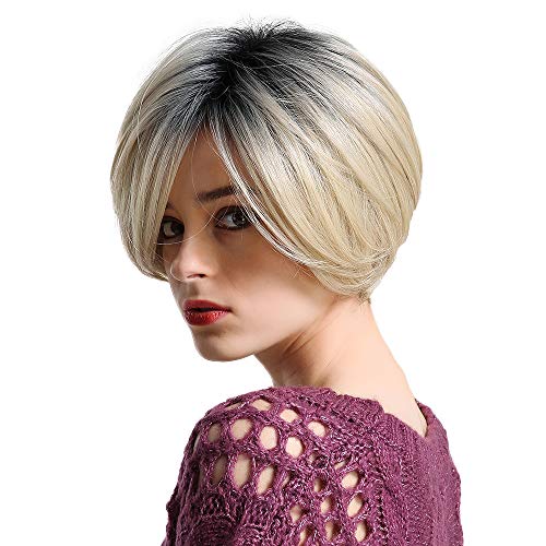 Emmor Short Blonde Human Hair Wigs for Women Mix Healthy Synthetic Fiber- Ombre  Bobo Wig Dark Root Side Part,Natural Daily Hair