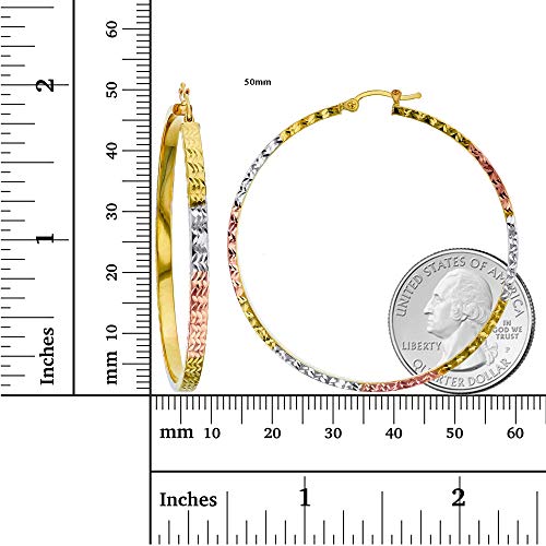 14k Two Tone or Tri Color Gold Solid Diamond Cut Flat Hoop Earrings for Women, 3mm Tube 10mm-65mm Diameter3