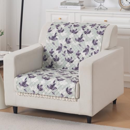 Image of HOKIPO Lavender Vine Quilted Sofa Cover with Tassels 1 Seater for Seat & Back, (152x60 cm), 'Tassel Twigs' Series (IN-989-T1)