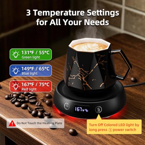 Image of Coffee Mug Warmer Set for Desk 1-9H Timer Electric Heated Cup Candle Warmer | Marbling Mug Tea Beverage Coffee Warmer for Office Home, 3 Temperature Control 1-9H Delay Start Timer Shut Off, Gifts for Men