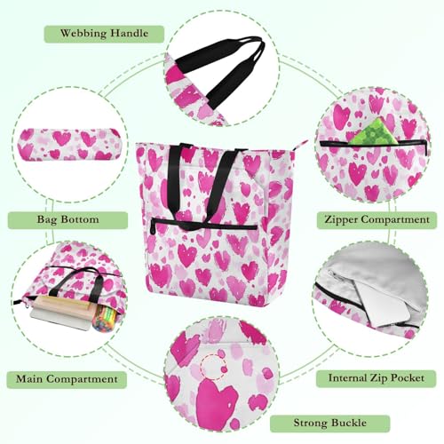 Pink Love Heart Tote Bag for Book Lovers Reusable Bags with Zipper Pocket for School Work Shopping3