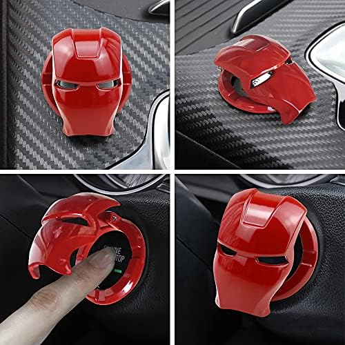 Car Start Button Cover Auto Engine Start Stop Push Switch Cover Ignition Cover Ring Alloy Iron Man 3D Anime Character Anti Scratch Protective Decoration and Key Chain - 2 PCS (Red)