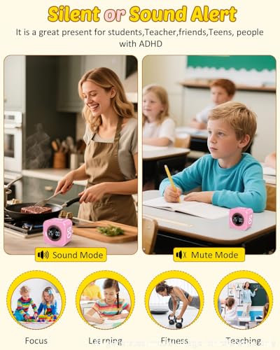 Image of Pomodoro Timer Cube Visual Productivity Flip Timer for Kids Classroom Desk, 5 /10 /25 /50min& Custom Countdown, Silent&Sound Mode Digital Cube for ADHD Study Work School Game Kitchen (Pink)
