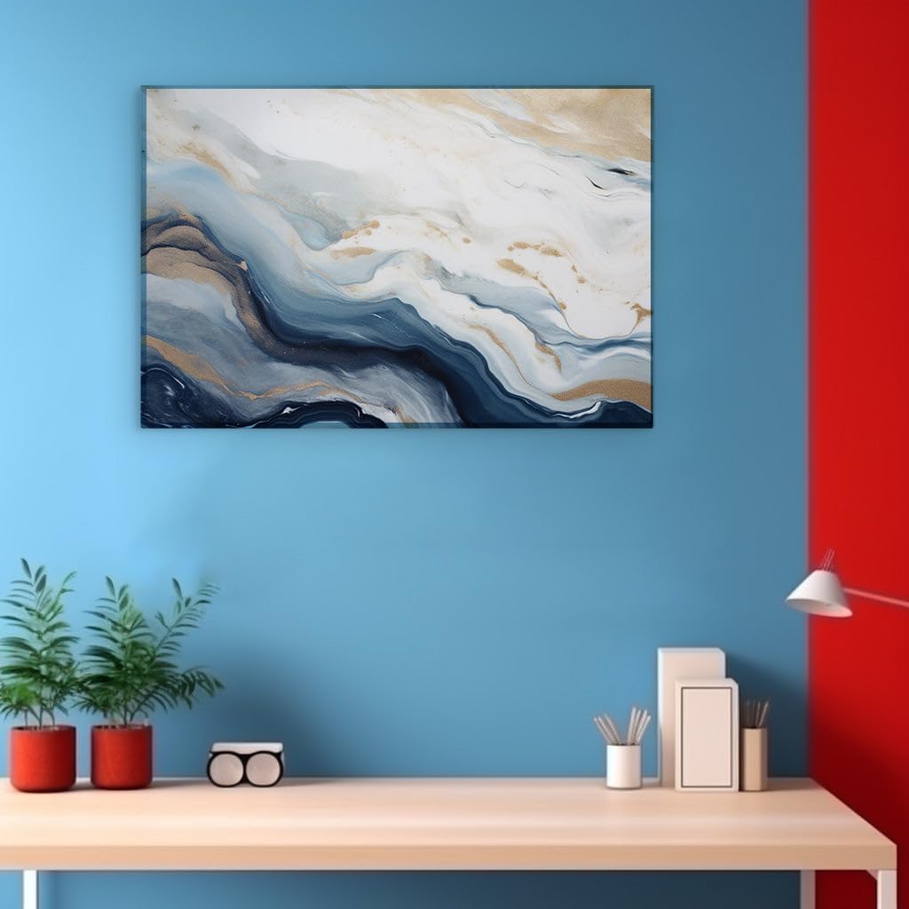 Canvas for Living Room. Waves of Elegance: Discover The Dynamic Interplay of Blue, White, and Gold in Abstract Art, 27 x 18 inch Canvas Wall Art - Contemporary Masterpieces - Modern Home Decor