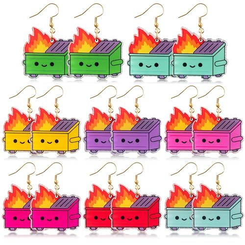 Dumpster Fire Earrings - 8 Pairs Funny Trendy Trash Fire Dangle Drop Earrings 8 Colored Novelty Cute Lightweight Dumpster Jewelry Perfect Earring Gift for Grils Women Humor Lovers - Main Image