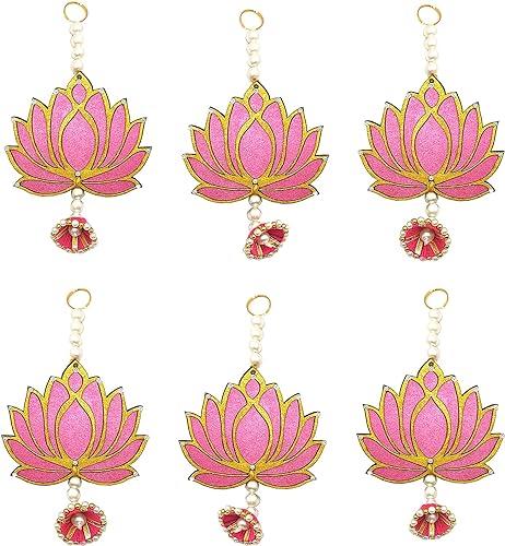 Hanging Wooden Lotus Cut-Out Handicraft. Set of 6. Rose Pink. Festive DIY Craft Material. Completely Wooden. Decoration for Any Festival, Diwali, Pooja, Wedding Gift.(6)