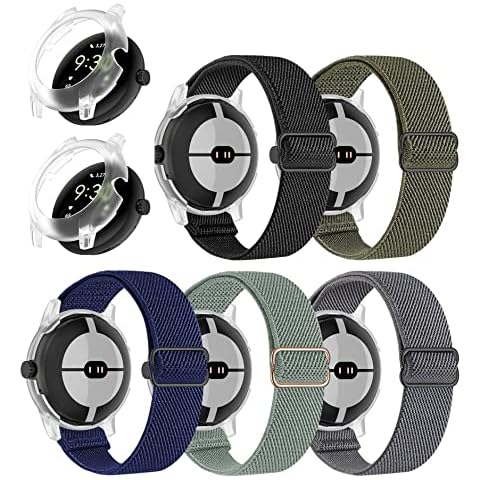 HQzon 5 Pack Nylon Bands Case Protector for Google Pixel Smart Watch Women and Men,Weave Elastic Wristband Watch Strap Replacement for Google Pixel lte Watch-5 bands+ 2 Cases Cover