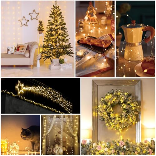2 Stück Lichterkette Klein 2m 200 LED Lichterschweif Mit Batterie Und Fernbedienung, 8 Modi Wasserfall Lichterketten Wasserdicht Lichterbündel, LED Lichterbündel Für Innen Außen Garten Deko (Warmweiß)