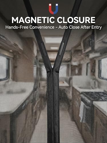 Vnivxte Magnetic Screen Door for RV Camper - 33.5" x 81" Heavy Duty Fiberglass Mesh Curtain for Travel Trailer Fifth Wheel, Tear Resistant Pet Friendly Netting, Hands Free Self Sealing Entry — view 4
