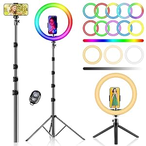 PEYOU 12″ Selfie Ring Light with 73″ Extendable Tripod Stand with 【Desk Ring Light 】 38 Color Modes, Upgrade 3 in 1 Dimmable Adjustable Speed Ring Light for Makeup/Live Stream/Photograph