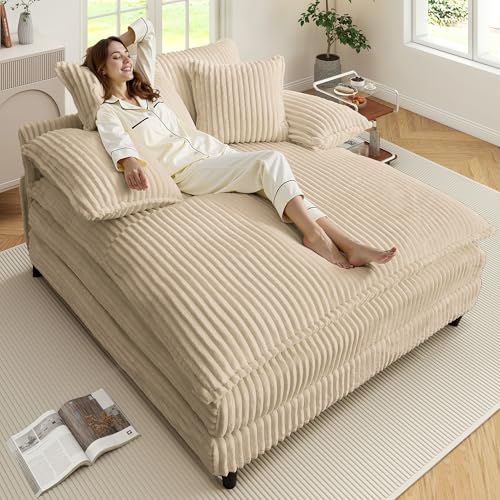 Image of WESTSETLUX 54.8 inch W Oversized Chaise Lounge Chair Indoor with 5-Position Adjustable Backrest, Corduroy Sleeper Sofa Bed with 3 Pillows, Modern Cloud Couch Chair for Living Room, Bedroom, Khaki