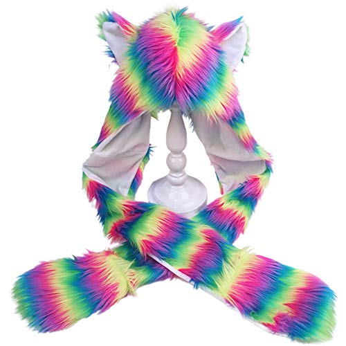 Women Rainbow Stripes Furry Animal Hoodie Hat Plush Ears Paws Earflap Scarf Gloves Mittens Warmer Color A