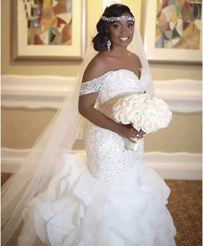 Off The Shoulder Mermaid Bridal Gown Crystal Beaded Tulle Lace Appliques Sweetheart Wedding Dress for Bride PS013