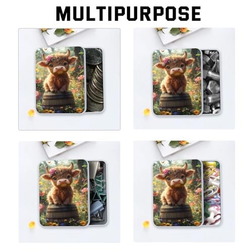 Image of Metal Tin Box with Lid for Game Cards Home Large Organizer Candles Keys Crafts Storage - Comes with 4 Magnetic Cord Clips,Cute Highland Calf Floral