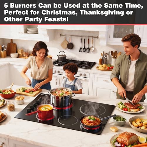 Image of Upgraded 29.13 Inch Electric(Cut-out Size: 29.13 inchx19.3 inch) Cooktop 5 Burners - 30 Inch Powerful 8600W Built-in Electrical Stovetop Burner Knob Control, Timer, Safety Lock, 240V Hard Wired