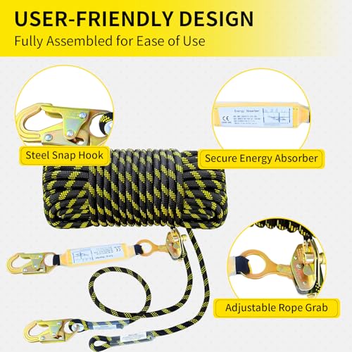 Image of 100FT Fall Protection Safety Rope, Heavy Duty Vertical Lifeline Assembly with Grab Snap Hooks Shock Absorber, Safety Lanyard for Roofing Tree Climbing Construction