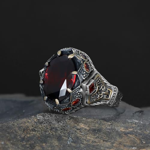 BayVog Men’s Sterling Silver Ring with Round Garnet Gemstone – Gothic Vintage-Style Handmade Ring – Deep Red Stone Statement Jewelry for Men3
