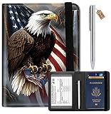 Passport Wallets and Vaccine Card Holder Slot,RFID Blocking Leather Passport Holder Book Cover Case with CDC Vaccination Card Slot,Travel Documents Organizer Protector+Metal Pen,Eagle and US Flag