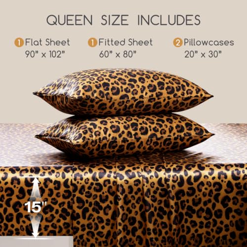 Image of MR&HM Satin Bed Sheets with Elastic Corner Straps, Queen Size Sheets Set, 4 Pcs Silky Bedding Set with 15 Inches Deep Pocket for Mattress (Queen, Gold Leopard)