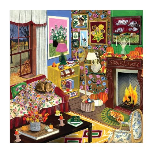 Galison Fall is in the Air Puzzle – Rompecabezas de 500 piezas con imagen de sala acogedora otoñal miniatura 2