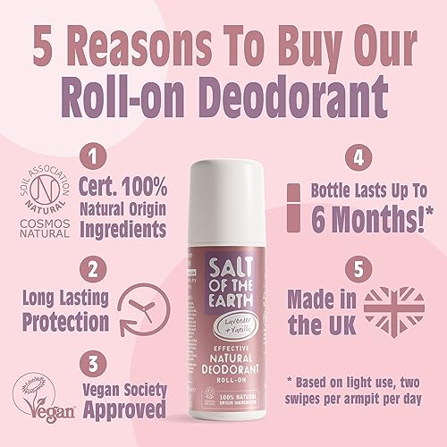Salt of the Earth Natural Deodorant Roll On Lavender & Vanilla - 100% Natural Ingredients, Effective Protection, Vegan, Cruelty Free - Suitable for Women, Men & Kids - 75ml - Image 3