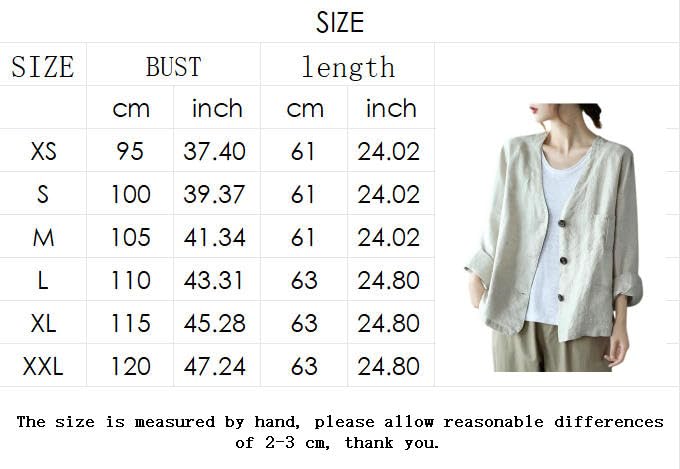 Generico Blazer in Lino da Donna Maniche Lunghe Scollo A V Giacca Blazer Leggera Sfoderata Primavera Estate Casual da Ufficio Cardigan Giacca con Tasche Top Traspirante