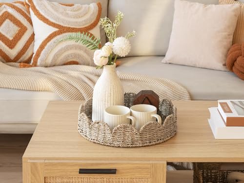 Image of StorageWorks Round Wicker Scalloped Tray, Rattan Serving Trays with Handles, Seagrass Basket for Decorative & Organizing, 13 inch L x 13 inch W x 2.75 inch H