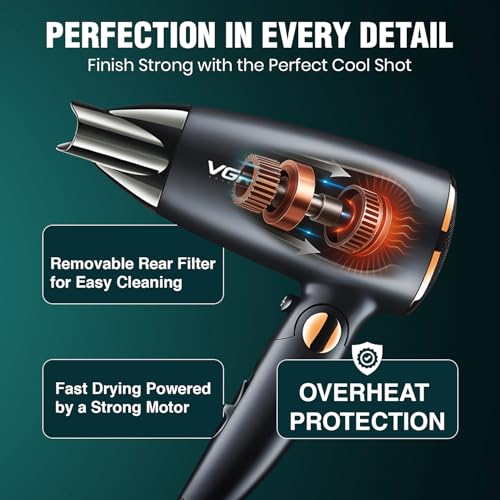 Image of VGR V-439 Foldable Hair Dryer for Men & Women with 1600W DC Motor, 2 Speed Settings, Cool Shot Function, 1.8m Cable, Ideal for Salon and Home Use (Black)
