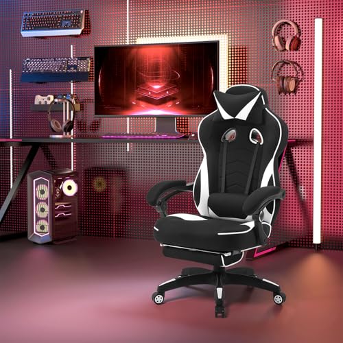 Sedia da Gaming Tessuto Traspirante, Fresco D'estate,Poltrona Gamer Ergonomica con Poggiapiedi, Schienale & Sedile Grandi Comodo, Nero+Bianco - Sedia gaming - Immagine 5