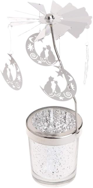 Baiyao Rotary Spinning Carousel Candle Holder Silver Metal Tea Light Holder Glass Star Cup Rotating Metal Candlestick for Christmas/Wedding/Home Decor