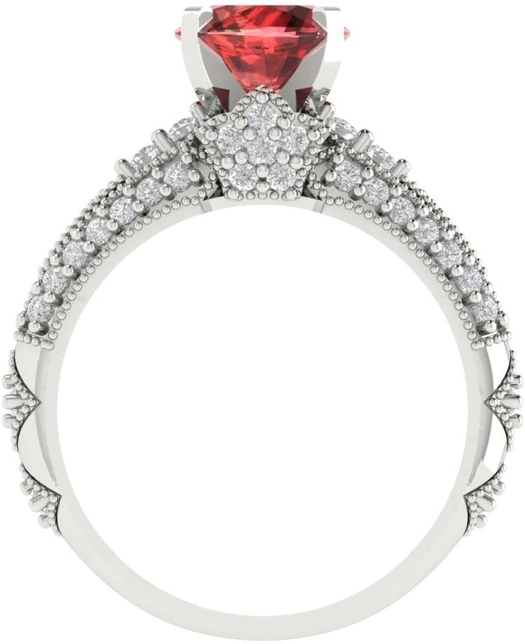 Clara Pucci 14K White Gold Wedding Set - Natural Garnet Solitaire with Accents Engagement Ring and Stackable Simulated Diamond Wedding Band for Women - Bridal Engagement Set