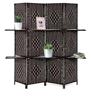 Room Divider 4 Panel Room Screen Divider Wooden Screen Folding Portable Partition Screens Wood with Removable Storage Shelves Color, Brown