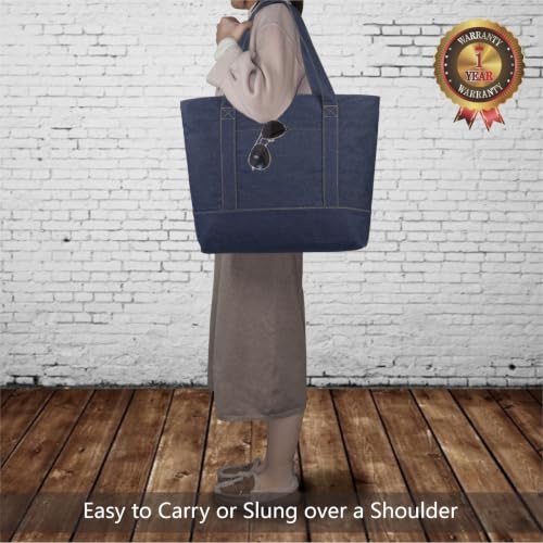 Image of TOPDesign 1-Pack Canvas Tote Bag with an External Pocket, Reusable Grocery Shopping Bag, Top Zipper Closure, Daily Essentials (Dark Blue Demim)