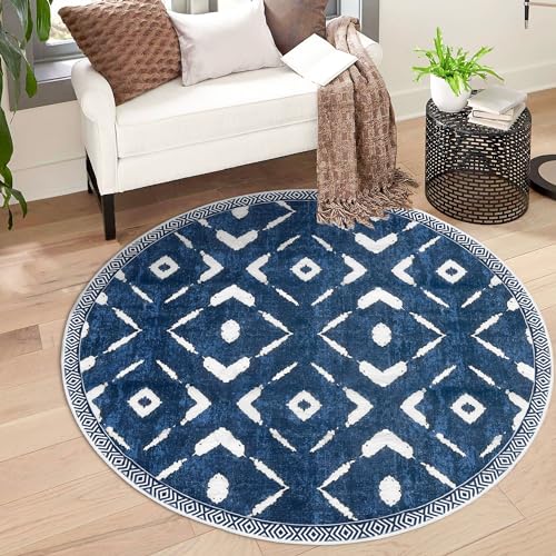 KILOCOCO Round Area Rug 3ft Throw Rug Washable Entry Rugs Non Slip Printed Boho Low-Pile Soft Rubber Backed Living Room Rugs for Kitchen Laundry Room Dining Geometric Moroccan Carpet, Blue