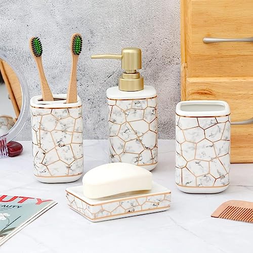 Image of E-EZRA Ceramic Bathroom Accessories Set of 4, Modern Ceramic Bath Set with Liquid Soap Dispenser and Toothbrush Holder, Bathroom Accessory Set (White)